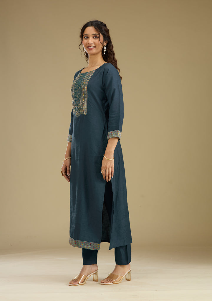 Peacock Blue Zariwork Semi Crepe Readymade Salwar Suit