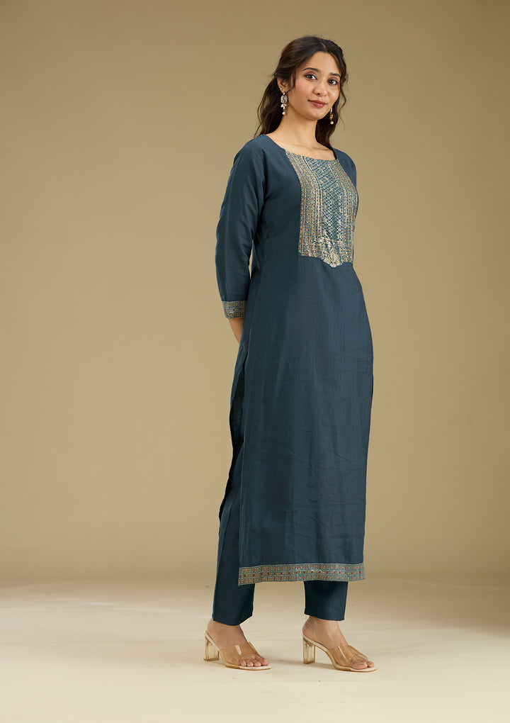 Peacock Blue Zariwork Semi Crepe Readymade Salwar Suit