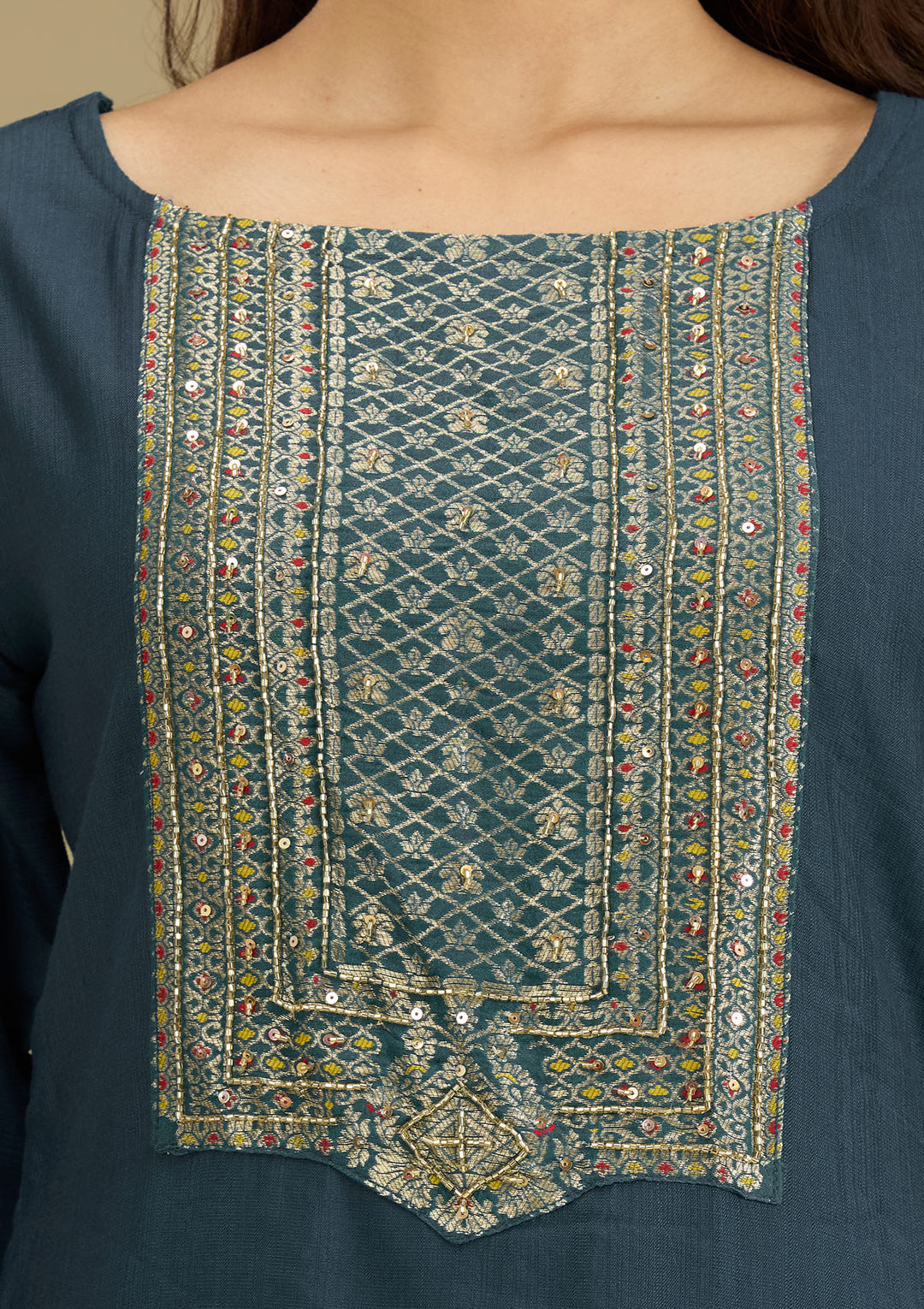 Peacock Blue Zariwork Semi Crepe Readymade Salwar Suit