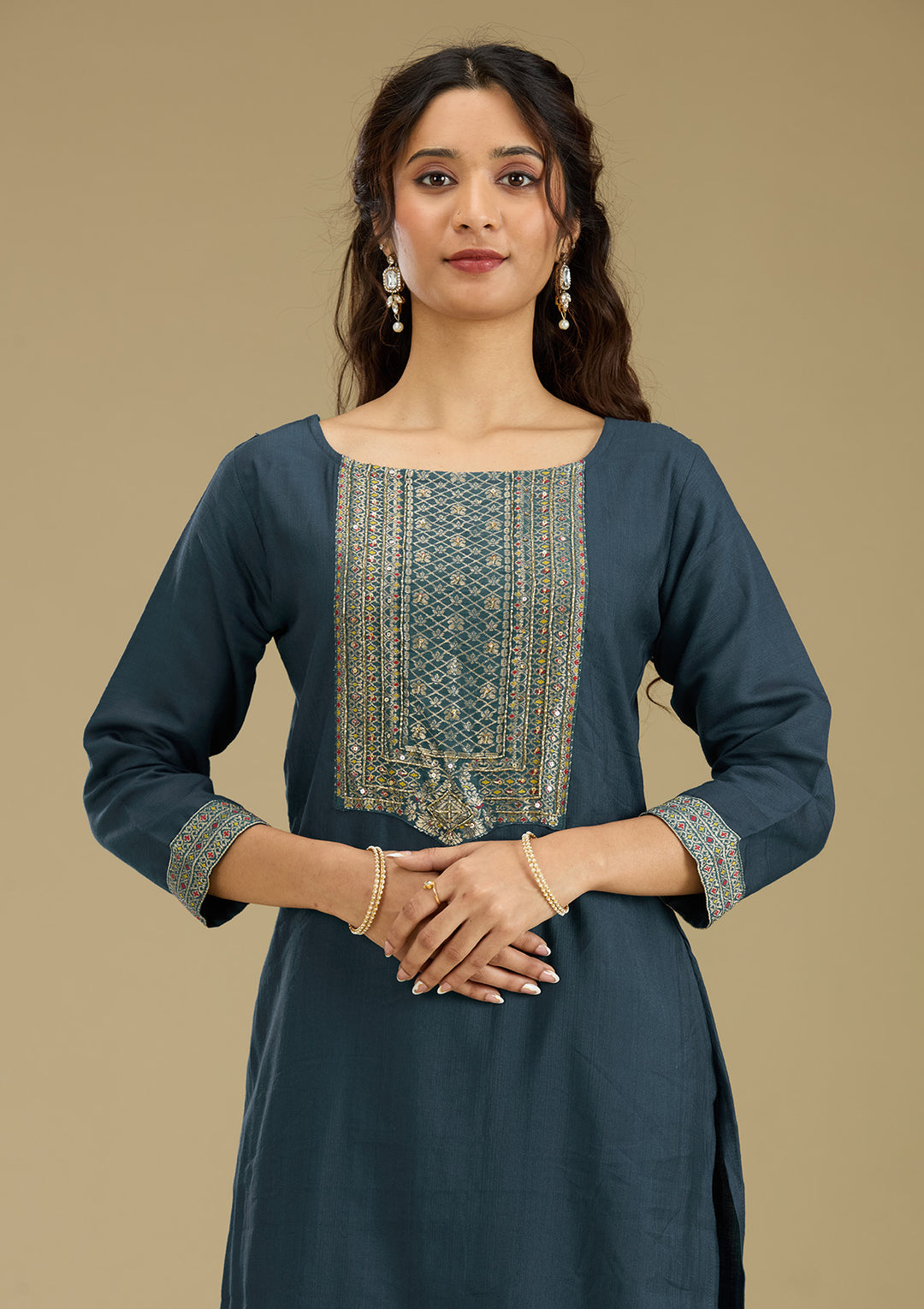 Peacock Blue Zariwork Semi Crepe Readymade Salwar Suit
