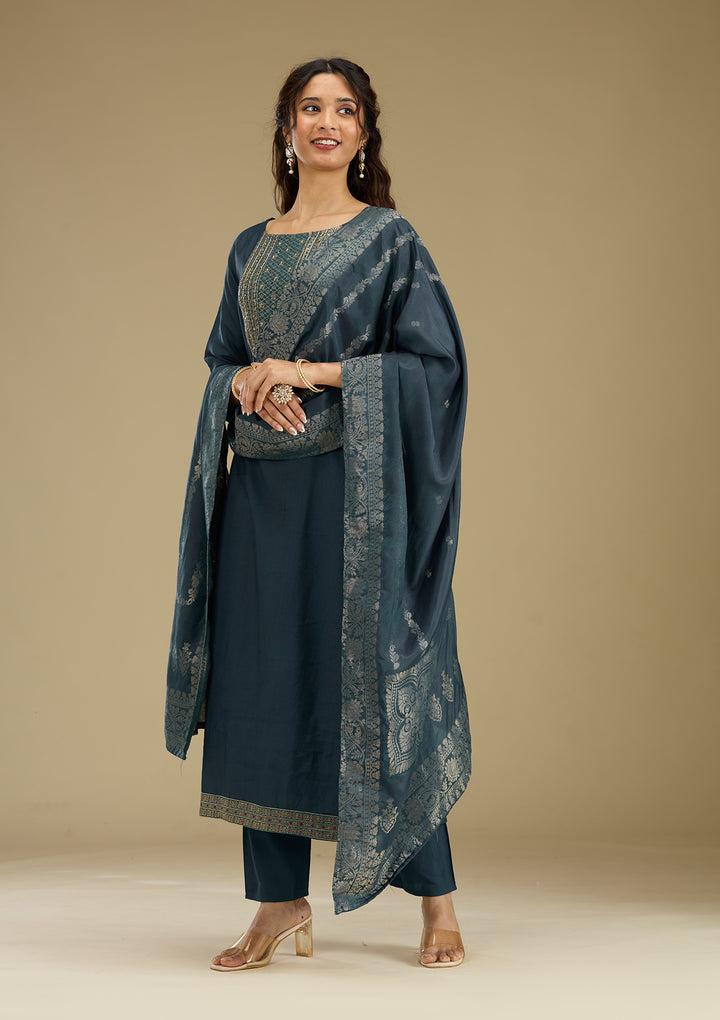 Peacock Blue Zariwork Semi Crepe Readymade Salwar Suit