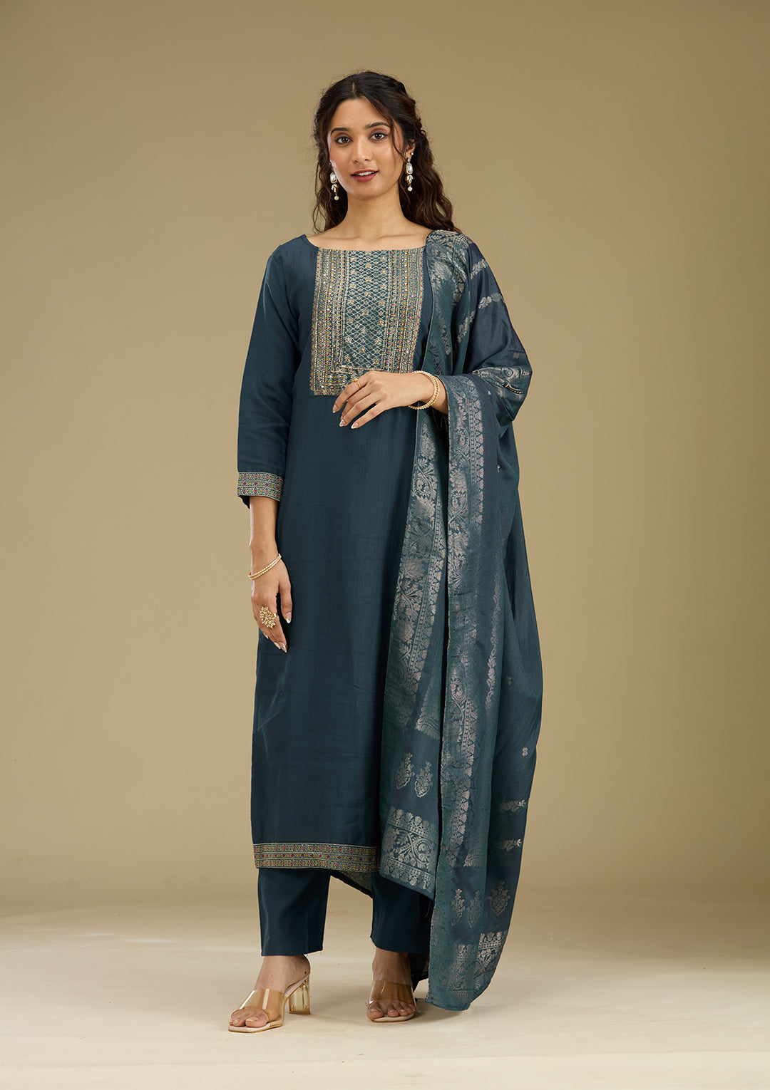 Peacock Blue Zariwork Semi Crepe Readymade Salwar Suit
