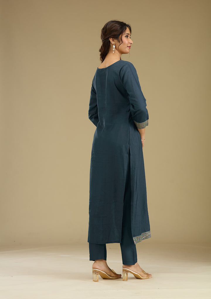 Peacock Blue Zariwork Semi Crepe Readymade Salwar Suit