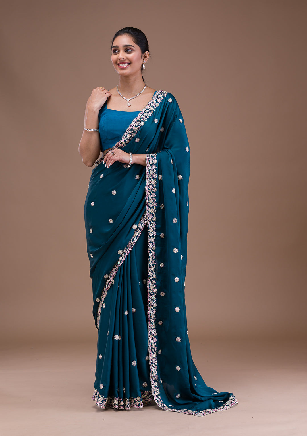 Peacock Blue Crepe Silver Zariwork Saree With Matching Blouse Piece