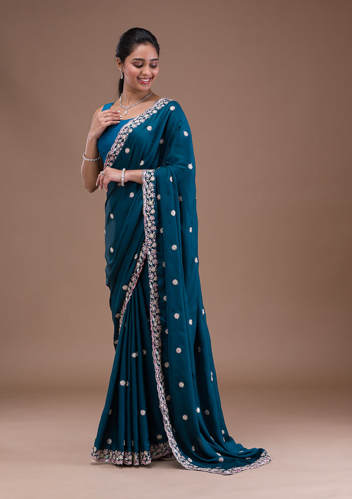 Peacock Blue Crepe Silver Zariwork Saree With Matching Blouse Piece