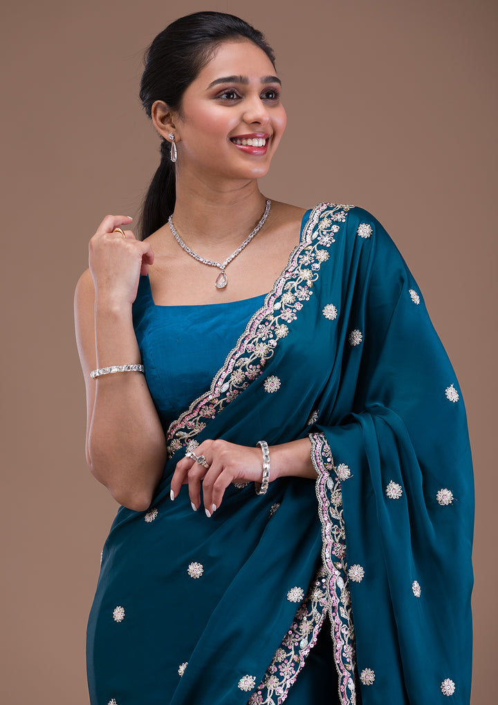 Peacock Blue Crepe Silver Zariwork Saree With Matching Blouse Piece