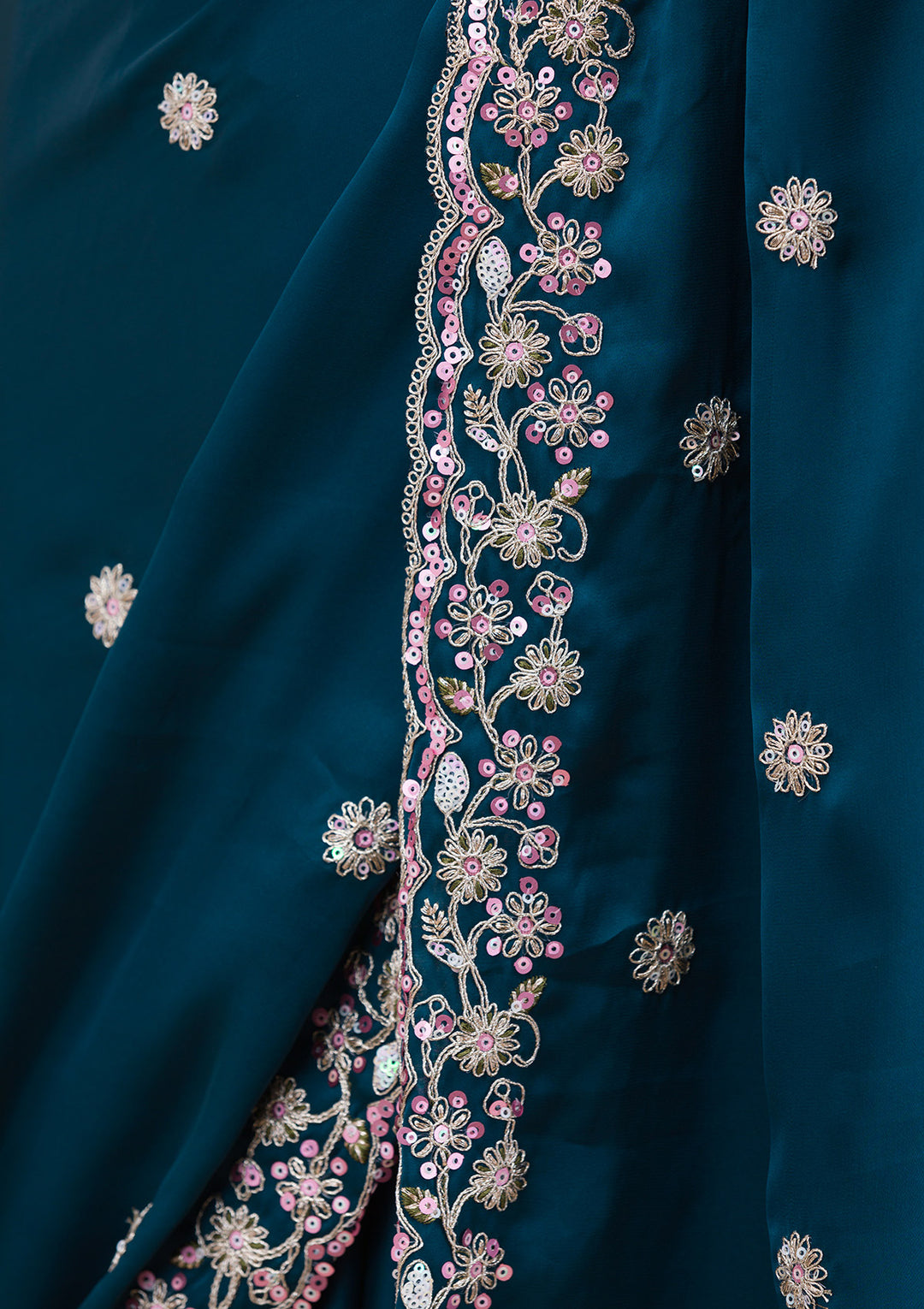 Peacock Blue Crepe Silver Zariwork Saree With Matching Blouse Piece