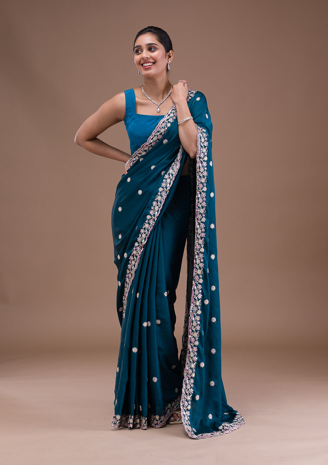 Peacock Blue Crepe Silver Zariwork Saree With Matching Blouse Piece