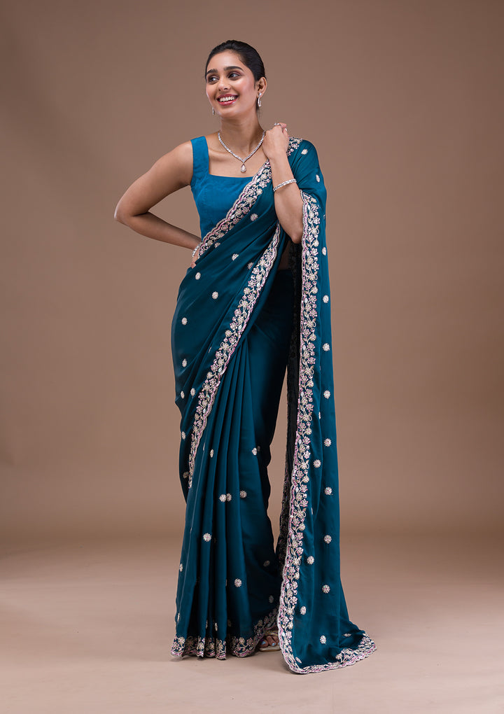 Peacock Blue Crepe Silver Zariwork Saree With Matching Blouse Piece