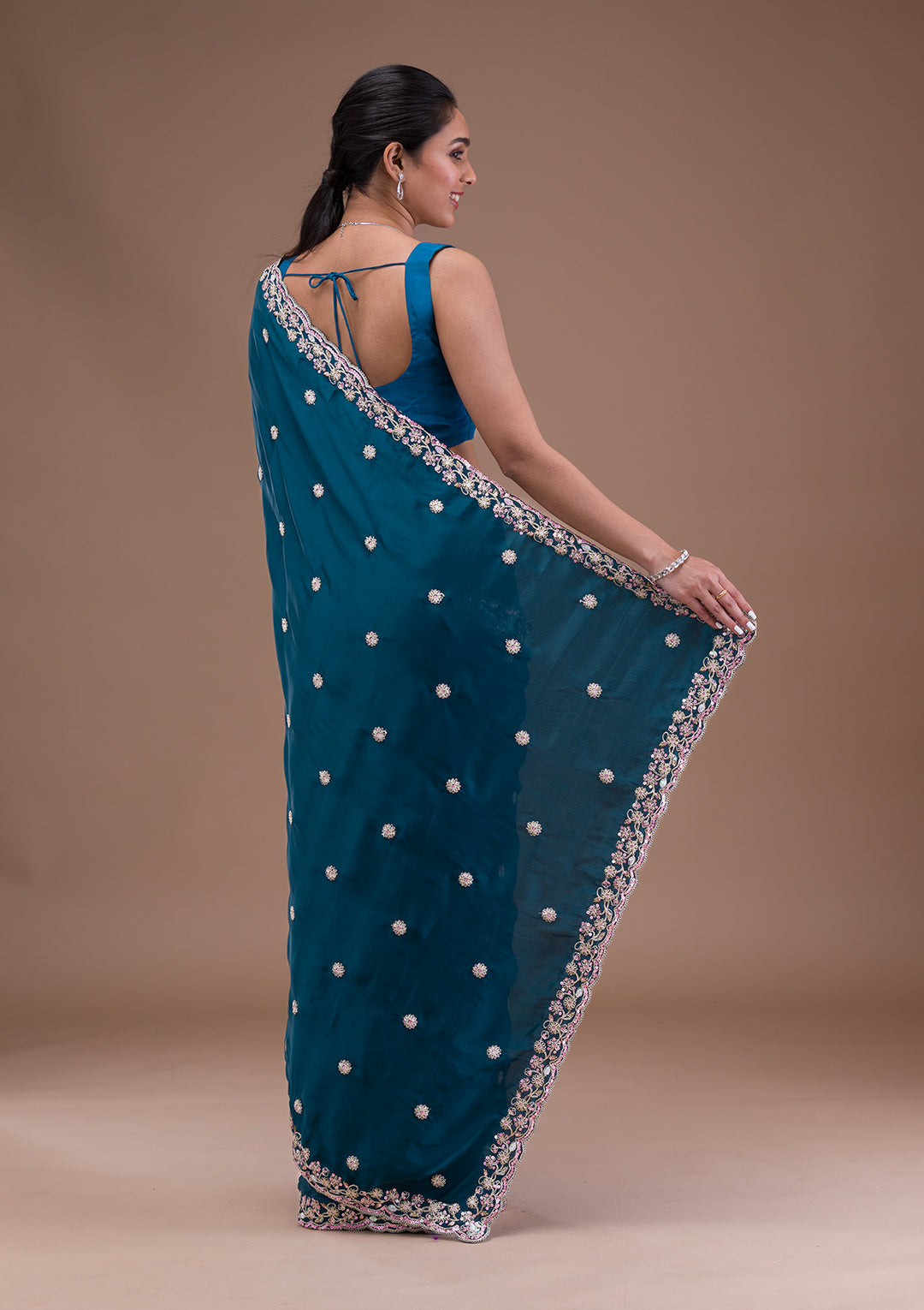 Peacock Blue Crepe Silver Zariwork Saree With Matching Blouse Piece