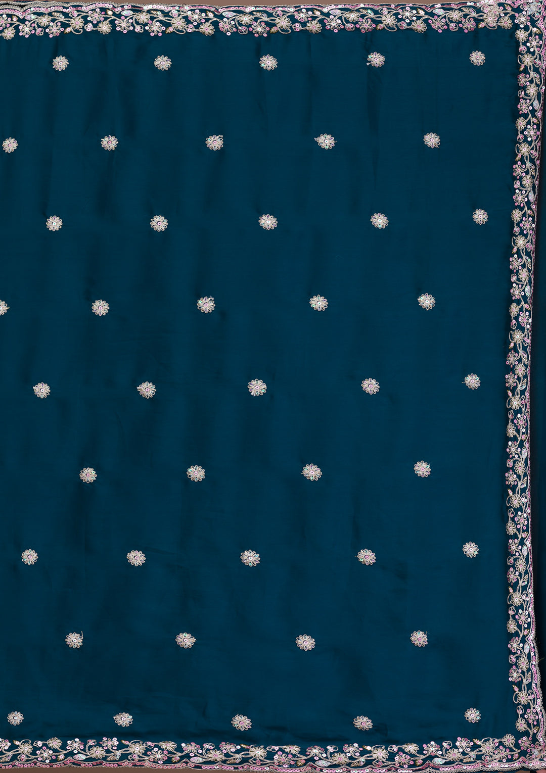 Peacock Blue Crepe Silver Zariwork Saree With Matching Blouse Piece