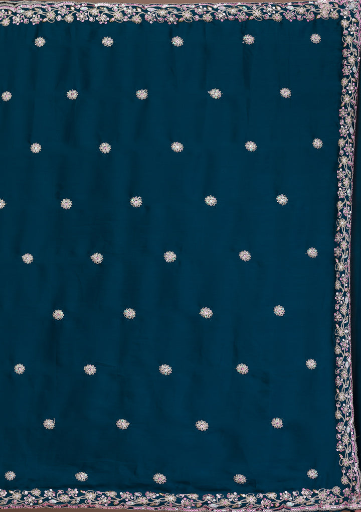 Peacock Blue Crepe Silver Zariwork Saree With Matching Blouse Piece