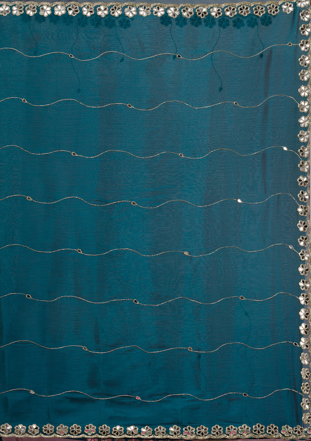 Peacock Blue Organza Mirrorwork Saree With Matching Blouse Piece