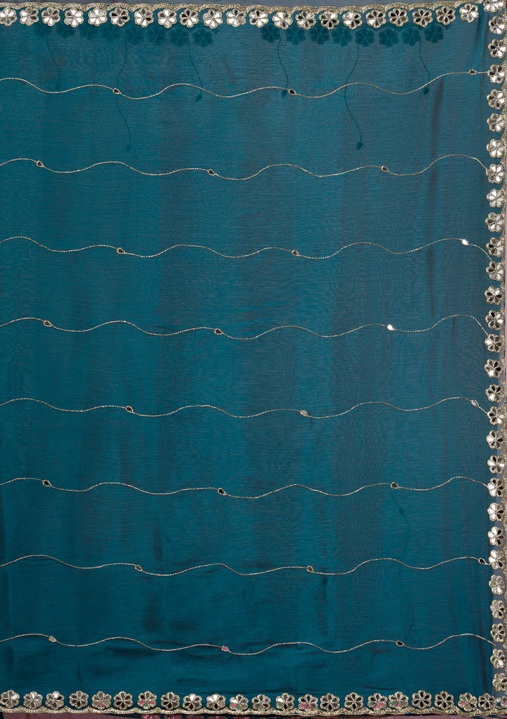 Peacock Blue Organza Mirrorwork Saree With Matching Blouse Piece