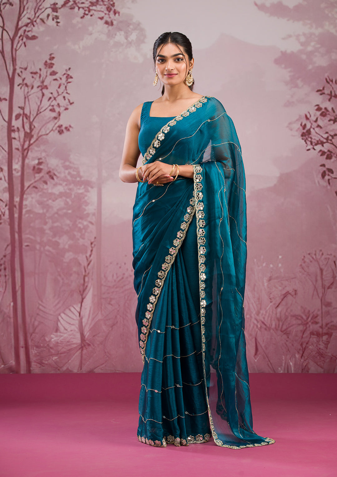 Peacock Blue Organza Mirrorwork Saree With Matching Blouse Piece
