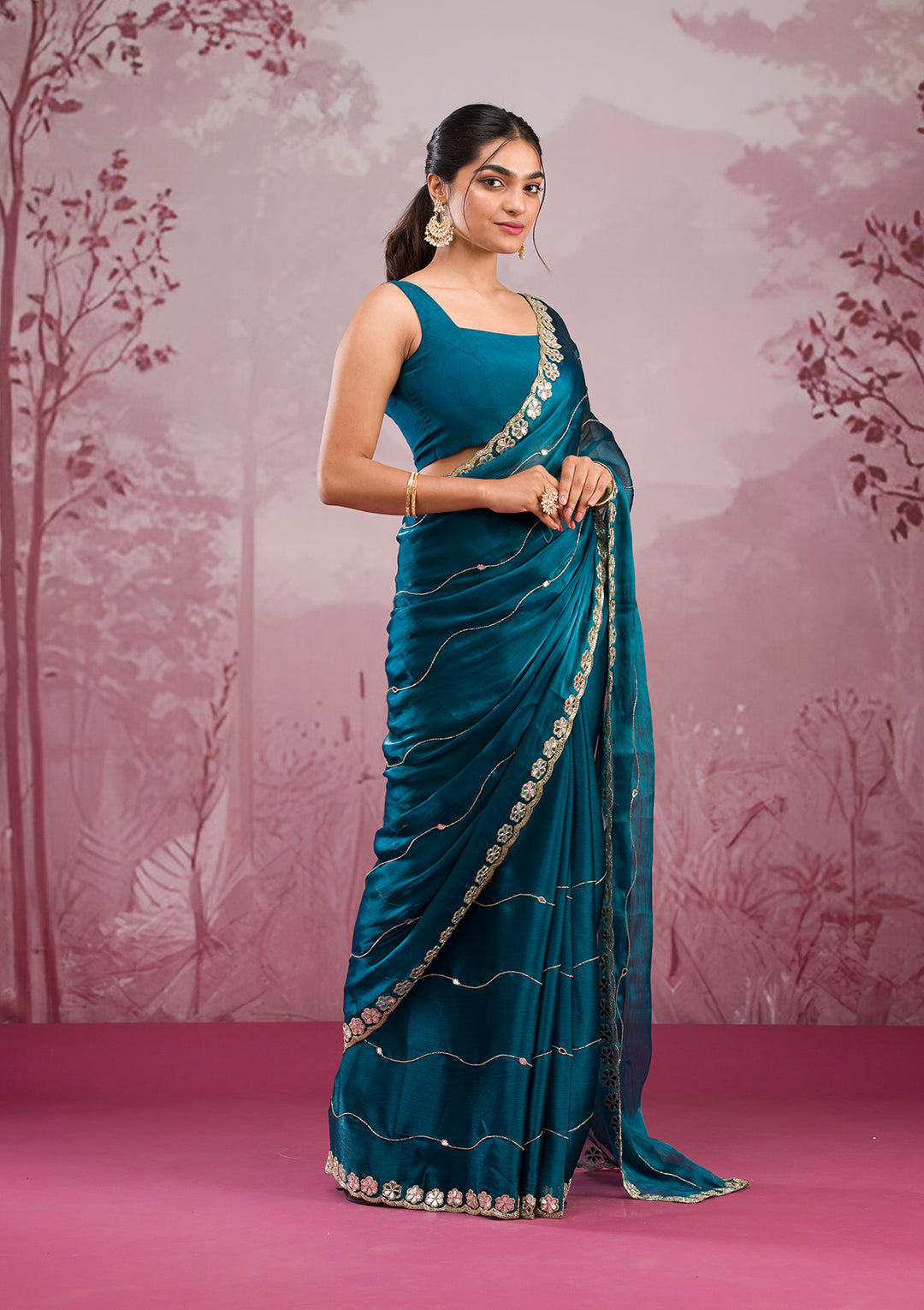 Peacock Blue Organza Mirrorwork Saree With Matching Blouse Piece