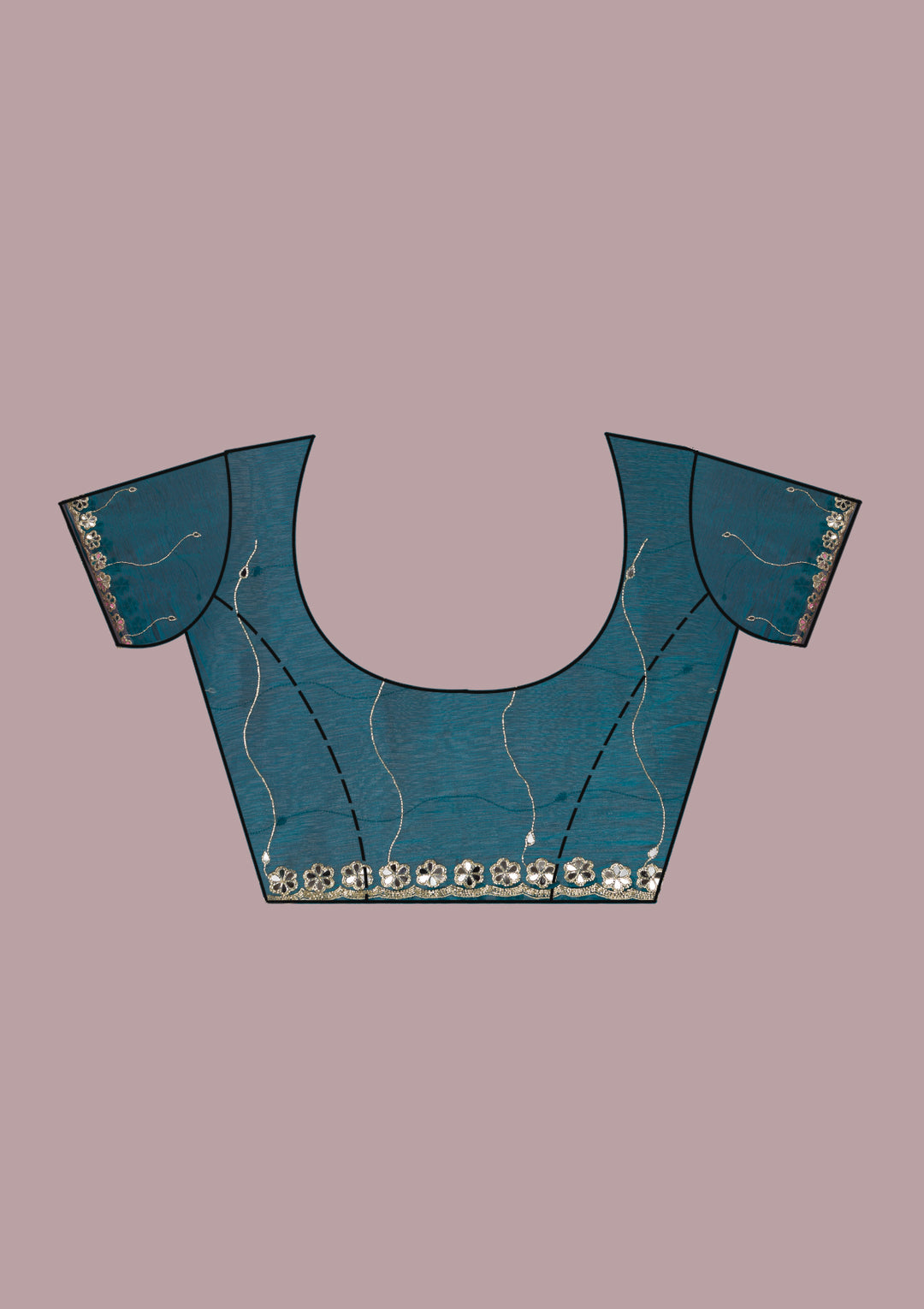 Peacock Blue Organza Mirrorwork Saree With Matching Blouse Piece