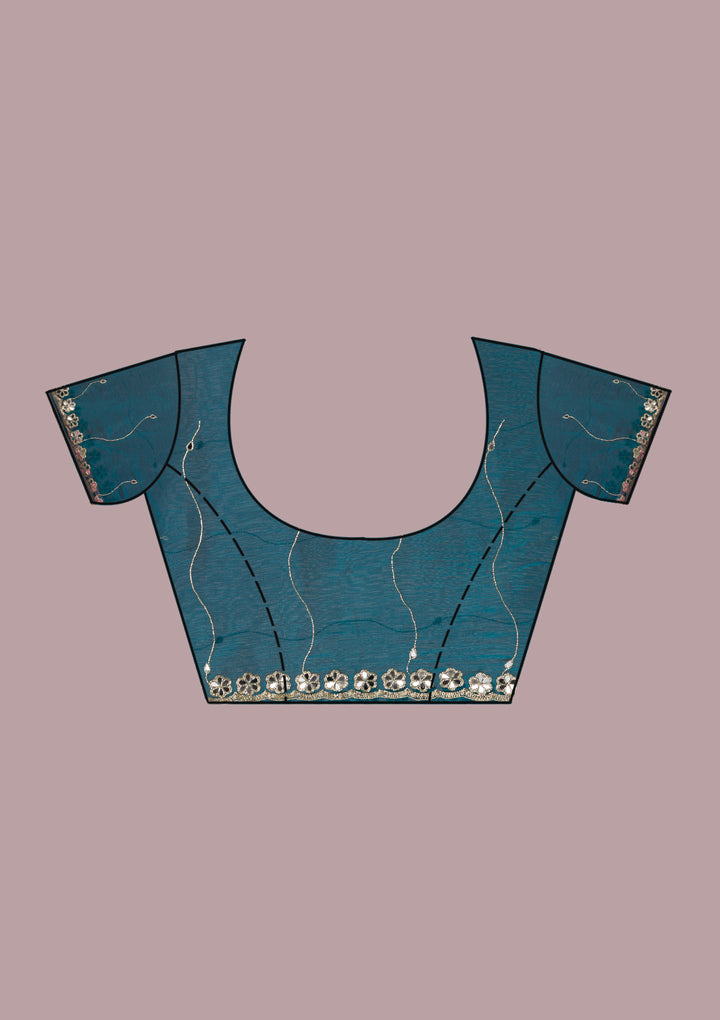 Peacock Blue Organza Mirrorwork Saree With Matching Blouse Piece