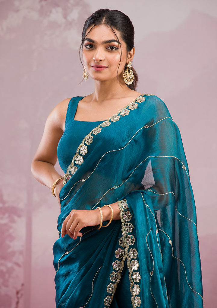 Peacock Blue Organza Mirrorwork Saree With Matching Blouse Piece