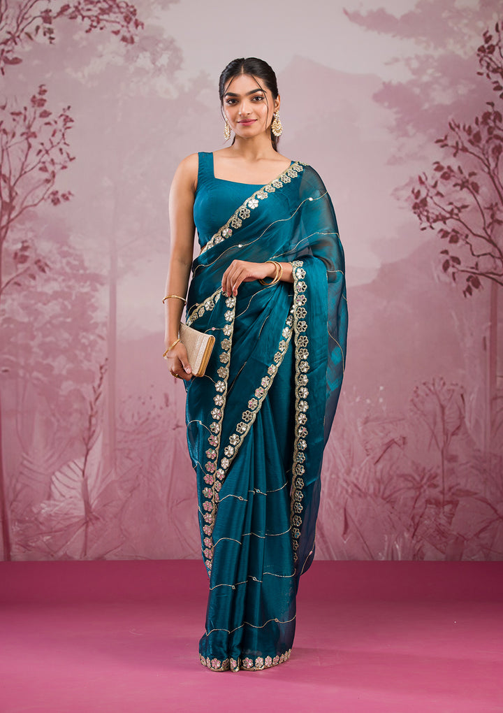 Peacock Blue Organza Mirrorwork Saree With Matching Blouse Piece