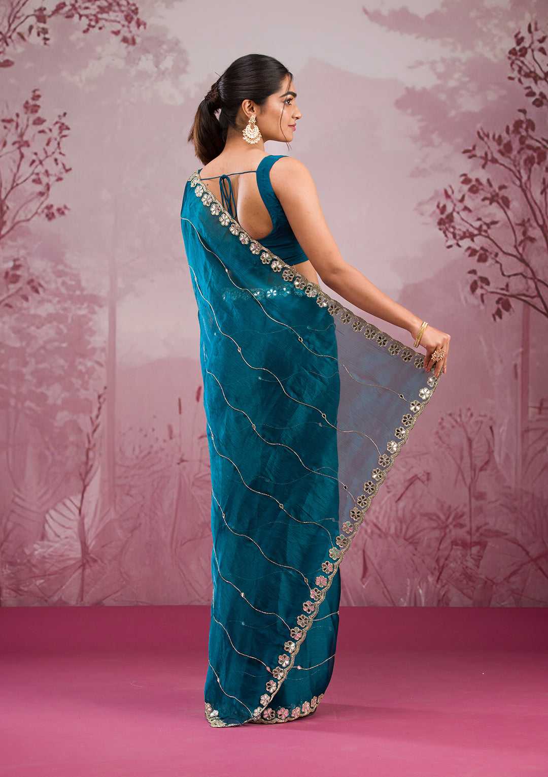 Peacock Blue Organza Mirrorwork Saree With Matching Blouse Piece
