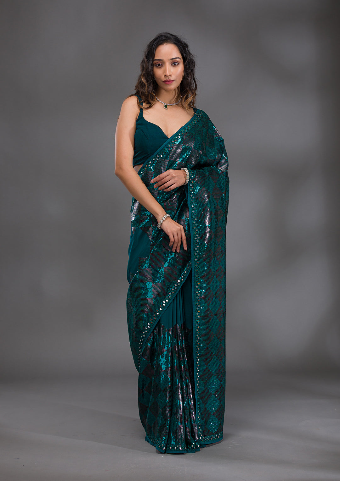 Peacock Blue Sequins Georgette Saree