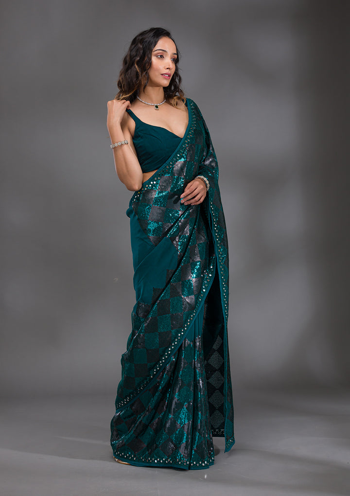 Peacock Blue Sequins Georgette Saree