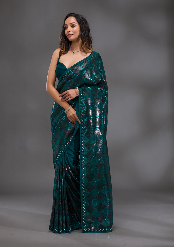 Peacock Blue Sequins Georgette Saree