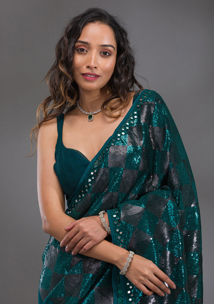 Peacock Blue Sequins Georgette Saree