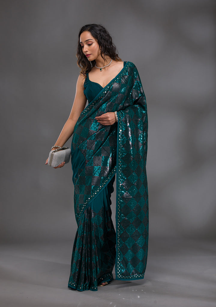 Peacock Blue Sequins Georgette Saree