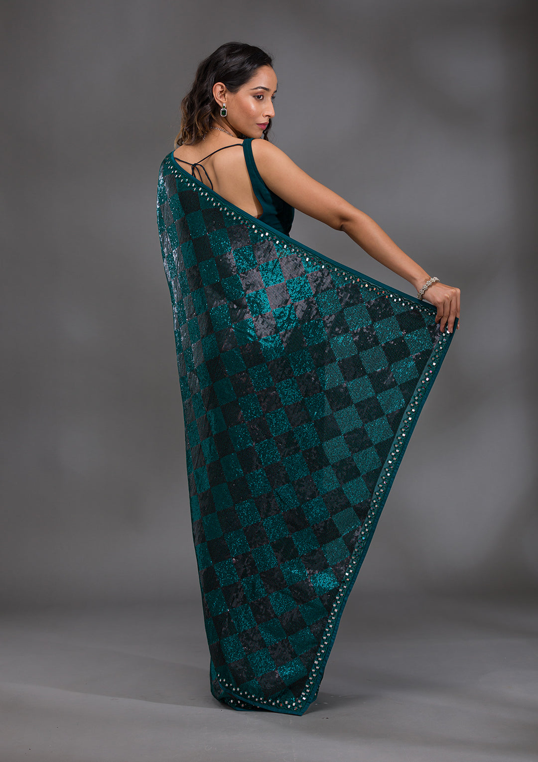 Peacock Blue Sequins Georgette Saree