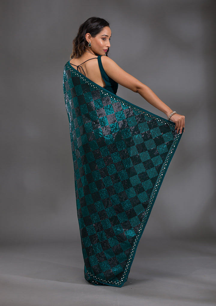 Peacock Blue Sequins Georgette Saree