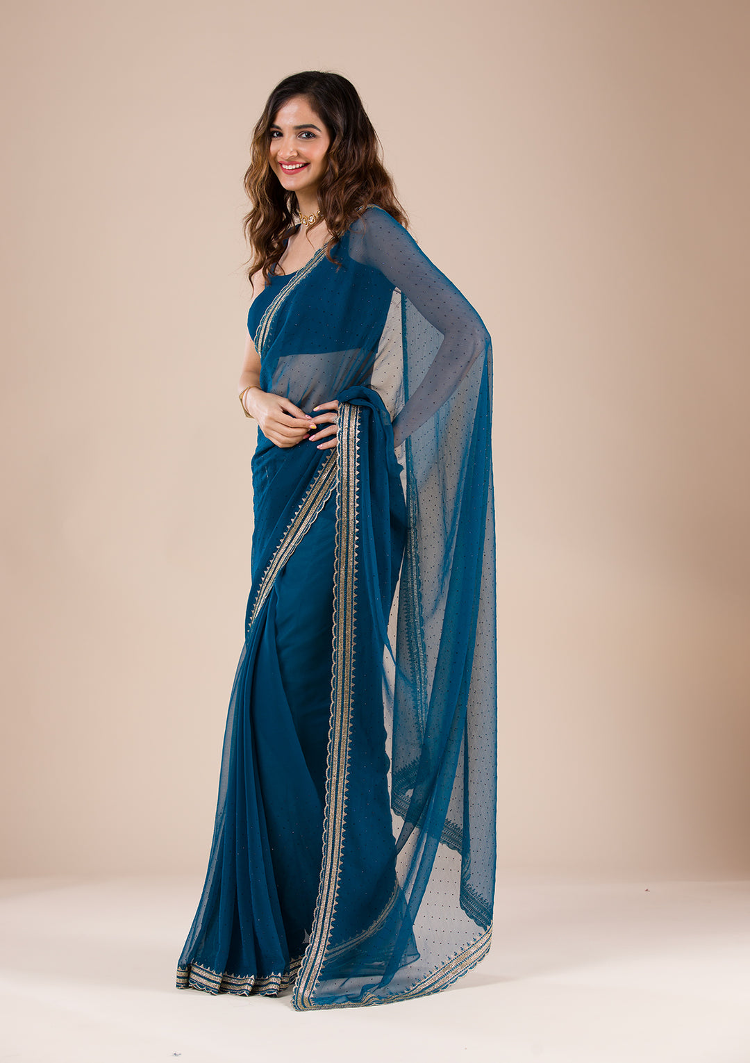 Peacock Blue Chiffon Gold Zariwork Saree With Matching Blouse Piece
