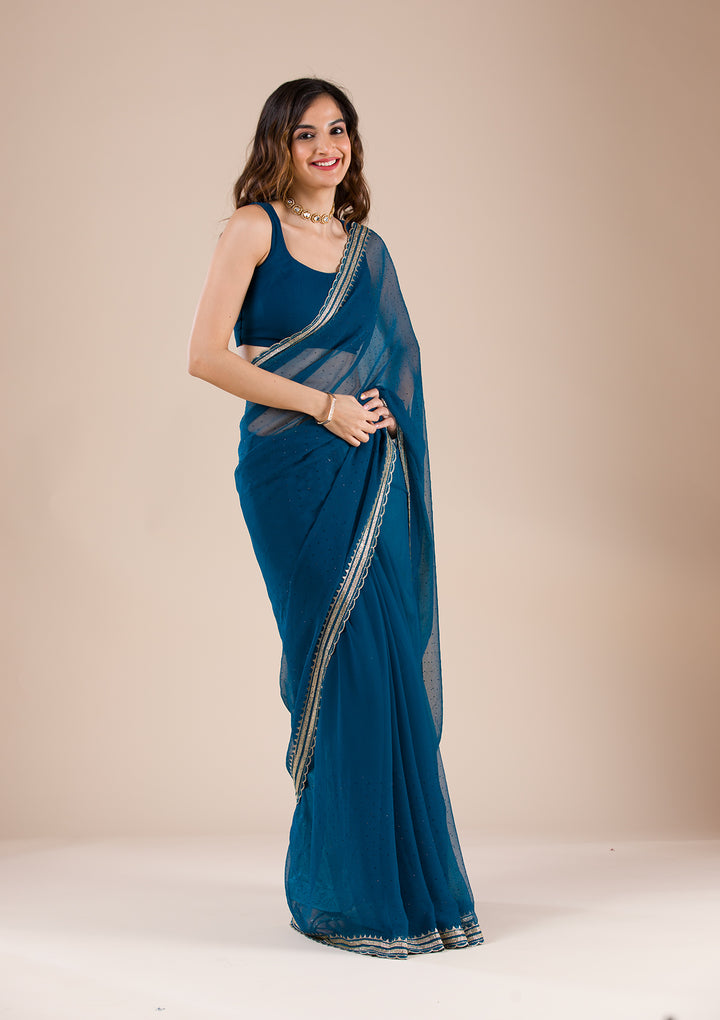 Peacock Blue Chiffon Gold Zariwork Saree With Matching Blouse Piece
