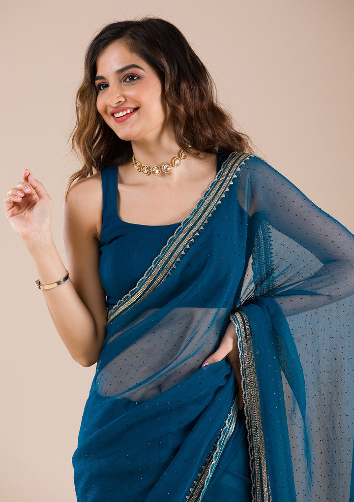 Peacock Blue Chiffon Gold Zariwork Saree With Matching Blouse Piece