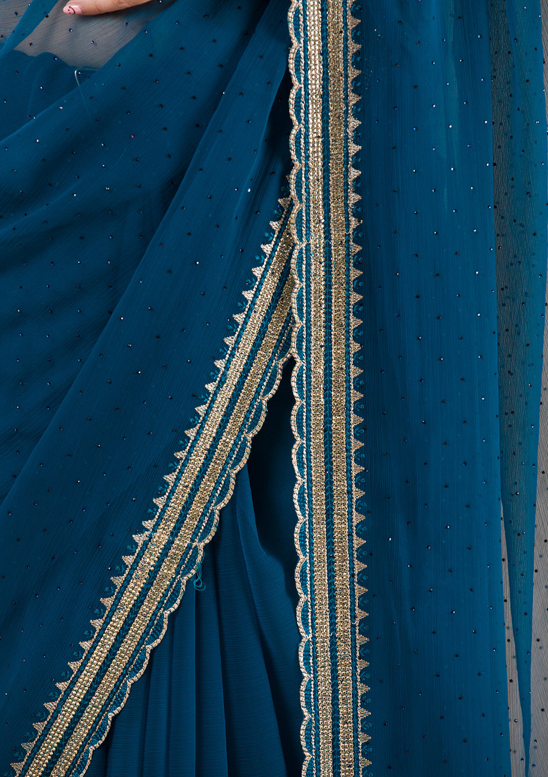 Peacock Blue Chiffon Gold Zariwork Saree With Matching Blouse Piece