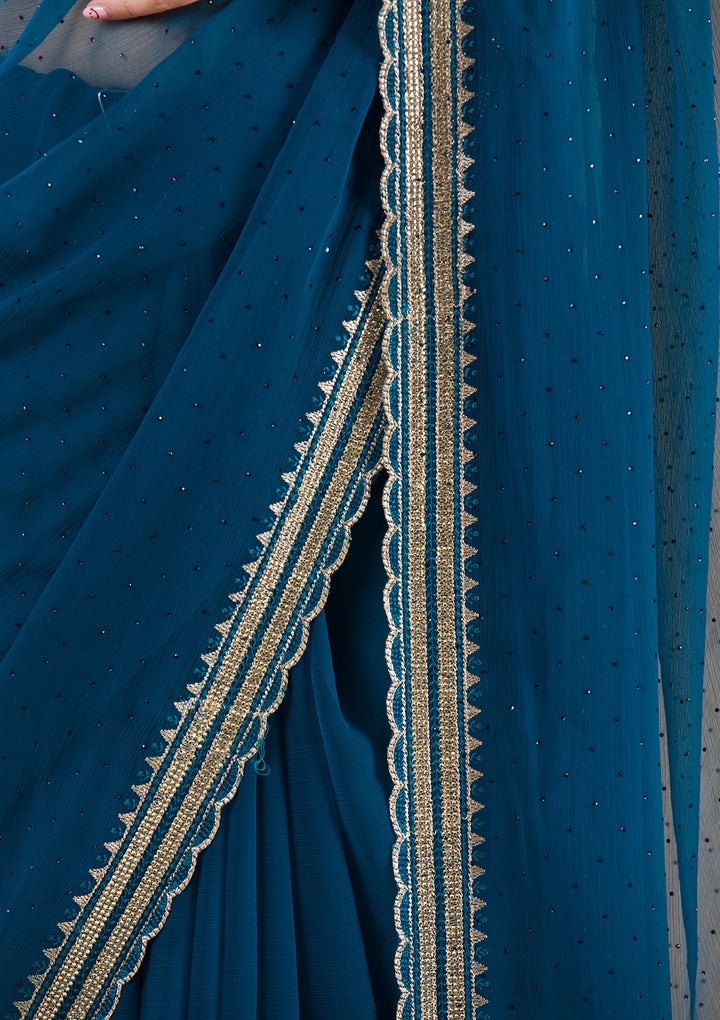 Peacock Blue Chiffon Gold Zariwork Saree With Matching Blouse Piece