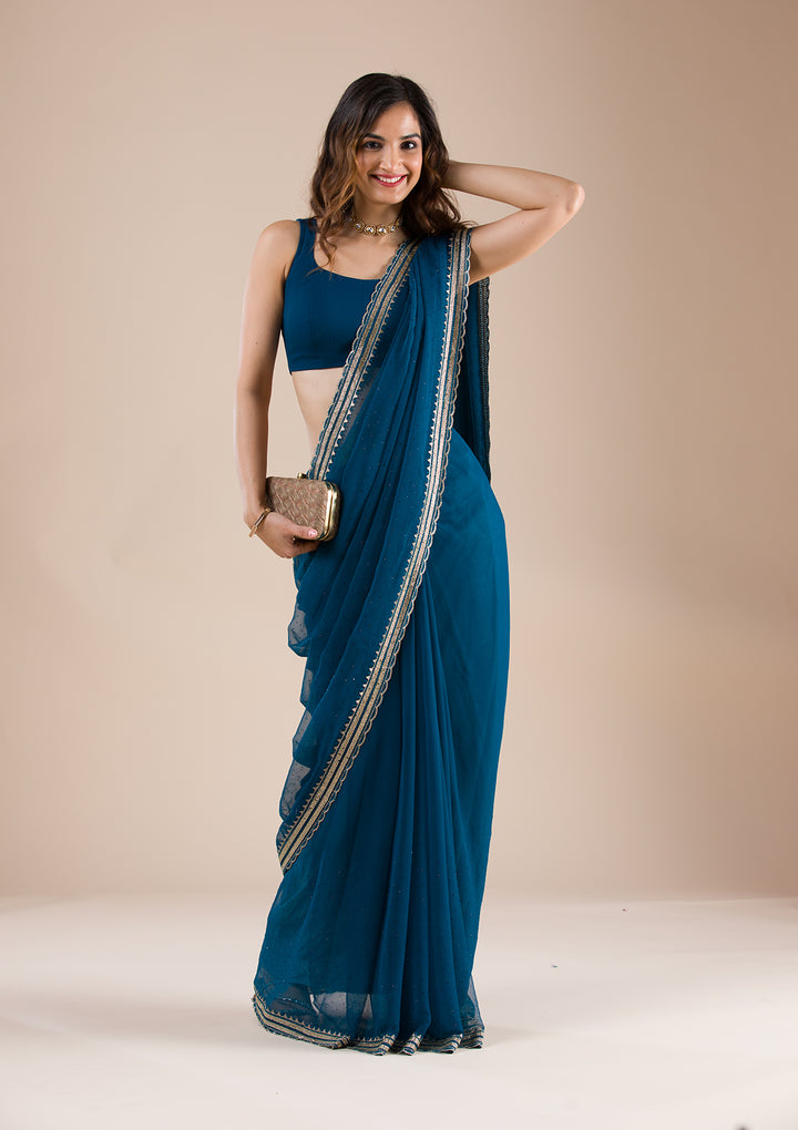 Peacock Blue Chiffon Gold Zariwork Saree With Matching Blouse Piece