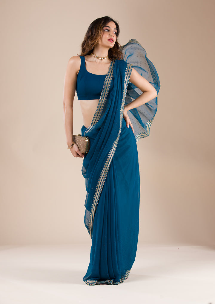 Peacock Blue Chiffon Gold Zariwork Saree With Matching Blouse Piece