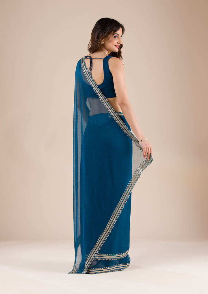 Peacock Blue Chiffon Gold Zariwork Saree With Matching Blouse Piece