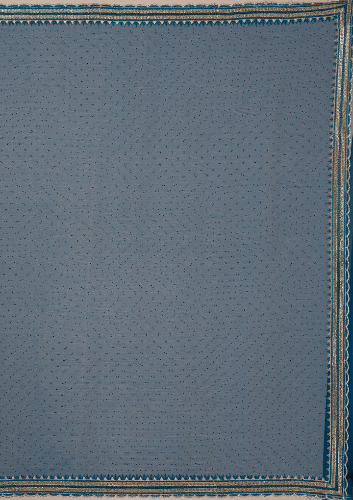 Peacock Blue Chiffon Gold Zariwork Saree With Matching Blouse Piece