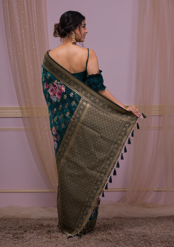 Peacock Blue Silk Jaal Printed Saree With Matching Blouse Piece