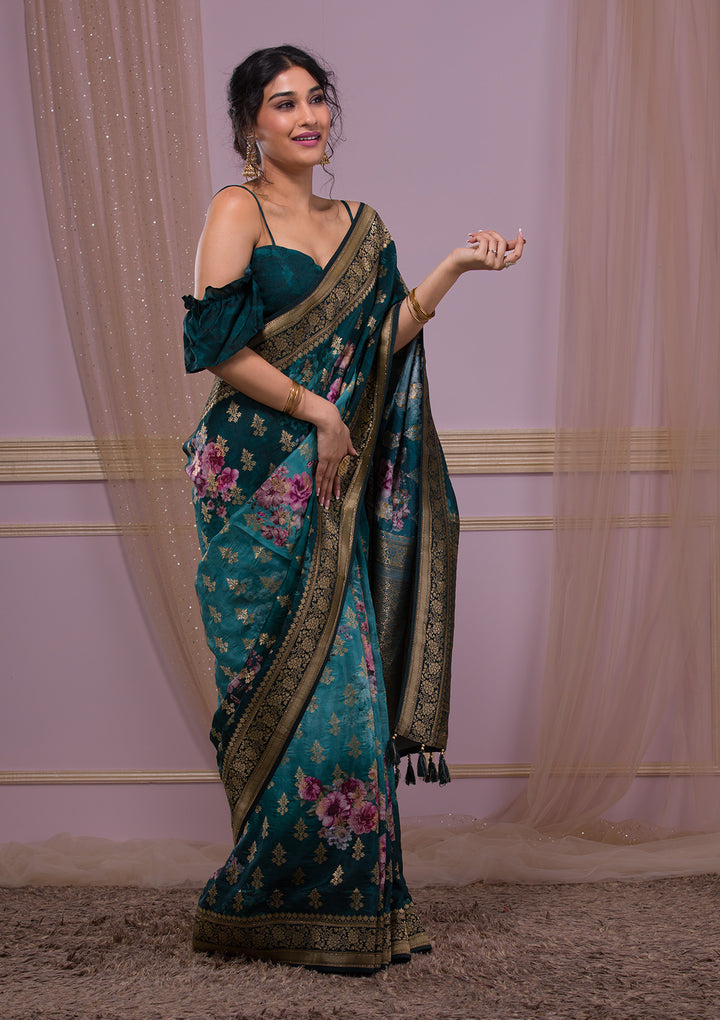 Peacock Blue Silk Jaal Printed Saree With Matching Blouse Piece