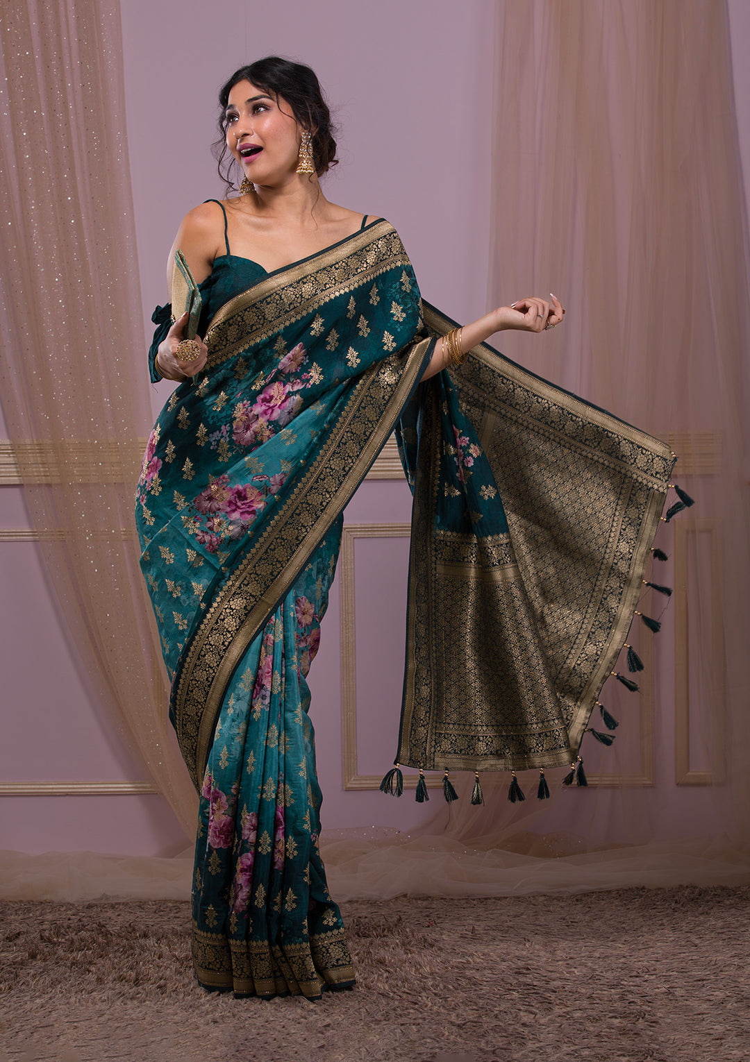 Peacock Blue Silk Jaal Printed Saree With Matching Blouse Piece