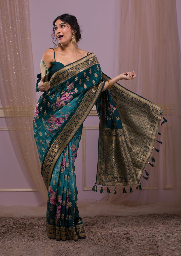Peacock Blue Silk Jaal Printed Saree With Matching Blouse Piece