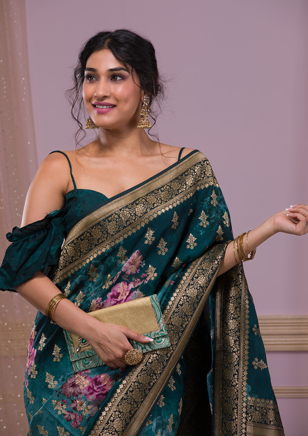 Peacock Blue Silk Jaal Printed Saree With Matching Blouse Piece