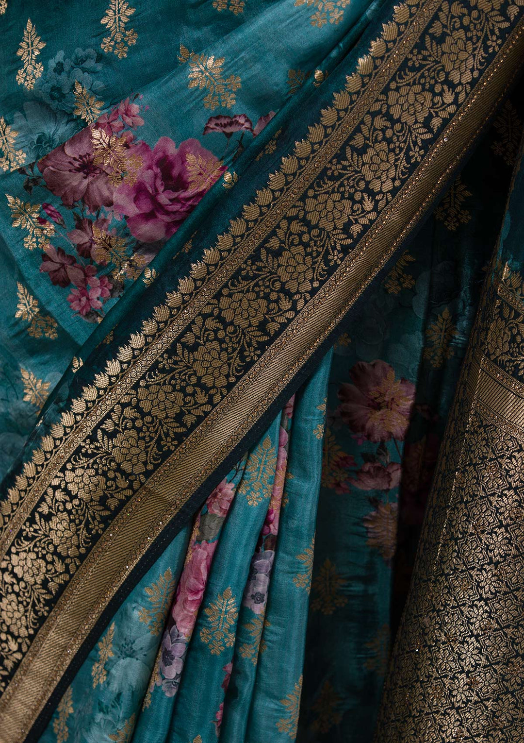 Peacock Blue Silk Jaal Printed Saree With Matching Blouse Piece