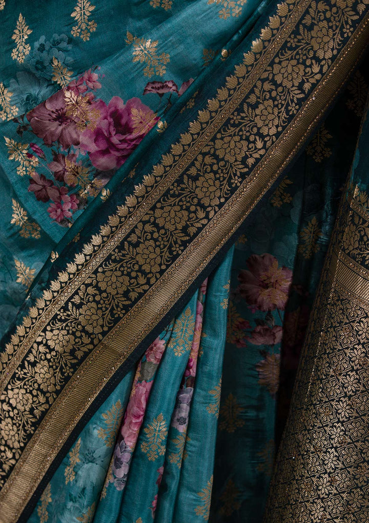 Peacock Blue Silk Jaal Printed Saree With Matching Blouse Piece