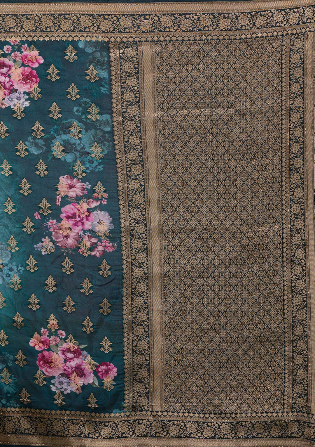 Peacock Blue Silk Jaal Printed Saree With Matching Blouse Piece