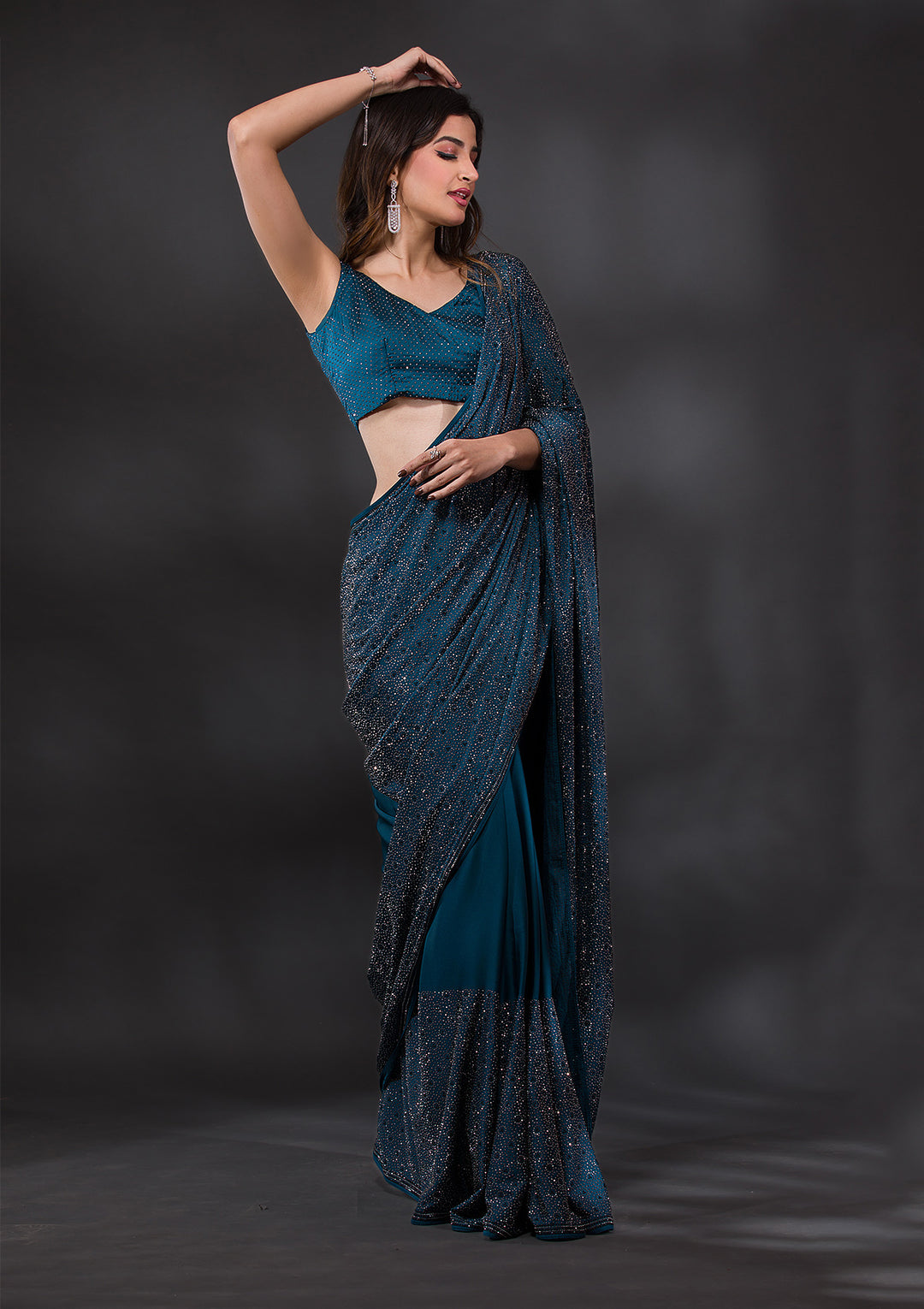 Peacock Blue Satin Silver Stonework Saree With Matching Blouse Piece